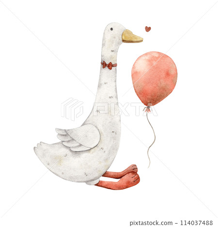 Watercolor drawing with a plush goose and a bow, a red balloon and a heart. Illustration hand drawn on isolated background for cards, interior, stickers, textiles, design, invitations 114037488
