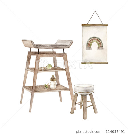 Children's interior, watercolor composition of a changing table, chair and poster on the wall. Isolated hand drawn illustration for children's interior, cards, stickers, textiles, design, invitations. 114037491