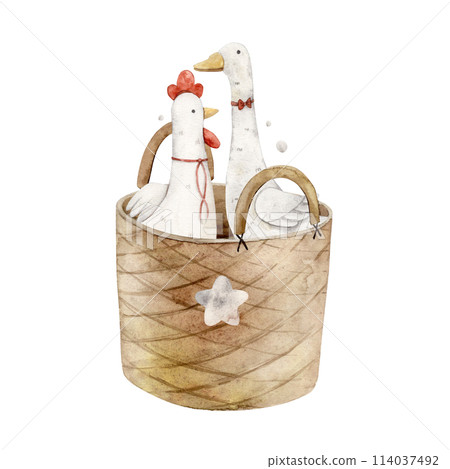 Wicker brown basket with children's toys, plush rooster and goose. Toys and basket for children and room. Isolated watercolor illustration for children's interior, cards, stickers, textiles, design. 114037492