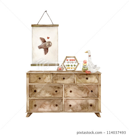 Wooden chest of drawers, poster with an owl and various toys, a pyramid, rattles, abacus, a soft goose. Isolated watercolor illustration for children's interior, cards, stickers, textiles, design. 114037493