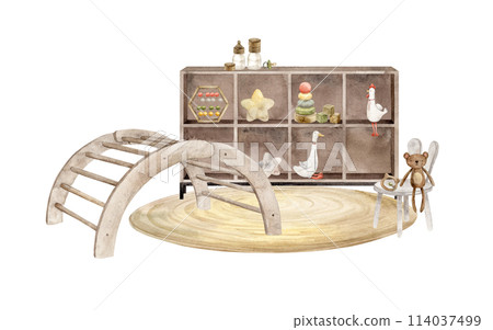 Interior composition of a children's room with a climbing arch, a chair, a carpet and various toys. Isolated watercolor illustration for children's interior, cards, stickers, textiles, design. 114037499