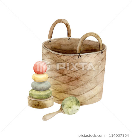 Textile wicker basket for toys, next to it lie a rattle and a multi-colored pyramid. Isolated watercolor illustration for children's interior, cards, stickers, textiles, design. 114037504