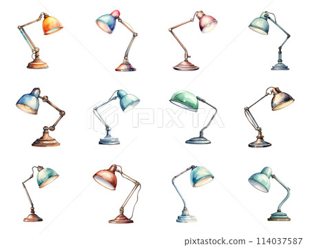 Watercolor Illustration of a Classic Desk Lamp with Rounded Shade 114037587