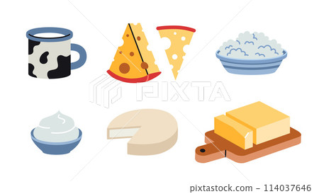 Dairy products such as milk, cheese, cottage cheese, sour cream and butter, cartoon style. Trendy modern vector illustration isolated on white background, hand drawn, flat design 114037646