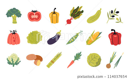Vegetables set in cartoon style. Healthy eating, fresh food, Collection of farm products. Trendy modern vector illustration isolated on white background, hand drawn, flat design Vegetables set in cartoon style. Healthy eating, fresh food, Collection of farm products. Trendy modern vector illustration isolated on white background, hand drawn, flat design 114037654