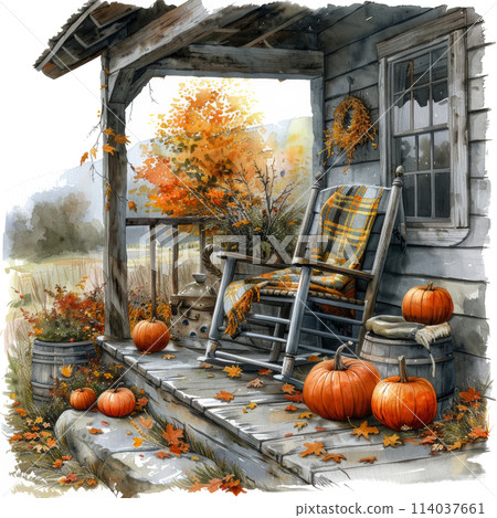 Porch With Pumpkins and Rocking Chair 114037661