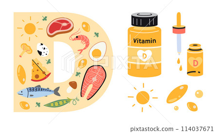 Vitamin D sources set with food rich in it, tablets, capsules and drops. Sea food, fish, meat, dairy products, eggs, vegetabless and pharmacy products. Isolated cartoon vector illustration, flat 114037671
