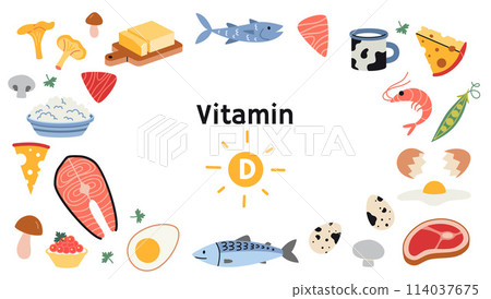 Frame with Best sources of vitamin D foods, cartoon style. Sea food, fish, meat, dairy products, eggs and vegetables set. Isolated vector illustration, hand drawn, flat design Frame with Best sources of vitamin D foods, cartoon style. Sea food, fish, meat, dairy products, eggs and vegetables set. Isolated vector illustration, hand drawn, flat design 114037675