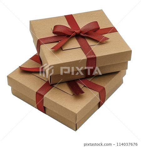 Three Brown Boxes With Red Ribbons 114037676