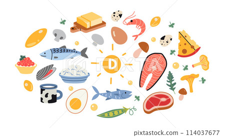 Best sources of vitamin D foods, cartoon style. Sea food, fish, meat, dairy products, eggs and vegetables set. Isolated vector illustration, hand drawn, flat design Best sources of vitamin D foods, cartoon style. Sea food, fish, meat, dairy products, eggs and vegetables set. Isolated vector illustration, hand drawn, flat design 114037677