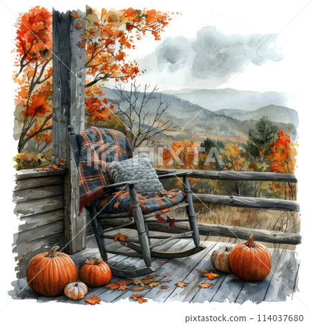 Rocking Chair and Pumpkins on Porch 114037680
