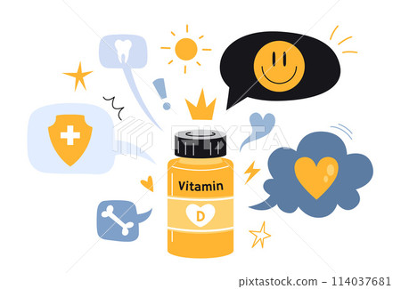 Vitamin D benefits, jar of tablets and speech bubble. Support of the immune, cardiovascular system, good mood, healthy teeth and bones. Isolated cartoon vector illustration, flat 114037681