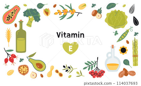 Frame with Best sources of vitamin E foods, cartoon style. Fruits, vegetables, nuts, berries and oil. Isolated vector illustration, hand drawn, flat design Frame with Best sources of vitamin E foods, cartoon style. Fruits, vegetables, nuts, berries and oil. Isolated vector illustration, hand drawn, flat design 114037693