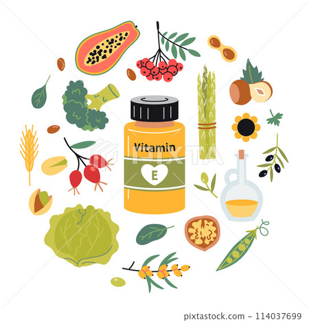 A jar of vitamin E in tablets or capsules and foods enriched with it. Fruits, vegetables, nuts, berries and oil set. Circular composition. Isolated vector illustration, hand drawn, flat 114037699
