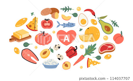 Set with Best sources of vitamin A foods, cartoon style. Fruits, vegetables, fish, meat, dairy products and eggs. Isolated vector illustration, hand drawn, flat design Set with Best sources of vitamin A foods, cartoon style. Fruits, vegetables, fish, meat, dairy products and eggs. Isolated vector illustration, hand drawn, flat design 114037707