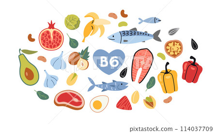 Best sources of vitamin B6 foods, cartoon style. Sea food, fish, meat, fruits, vegetables, nuts and eggs set. Isolated vector illustration, hand drawn, flat design Best sources of vitamin B6 foods, cartoon style. Sea food, fish, meat, fruits, vegetables, nuts and eggs set. Isolated vector illustration, hand drawn, flat design 114037709