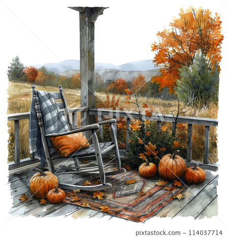 Rocking Chair and Pumpkins on Porch 114037714