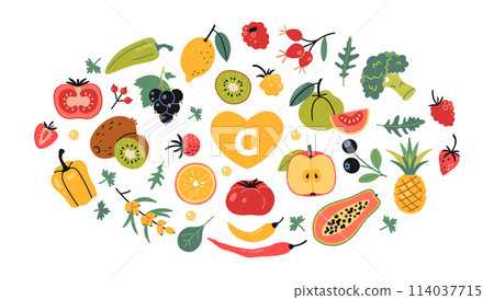 Set with Best sources of vitamin C foods, cartoon style. Fruits, vegetables and berries. Isolated vector illustration, hand drawn, flat design 114037715