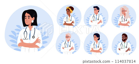 National Doctors' Day. Set of smiling doctors, portraits of different of male and female medical workers in uniform with stethoscopes. 114037814