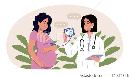 Preeclampsia awareness month. Doctor measuring blood pressure of her pregnant patient. Vector illustration. 114037816