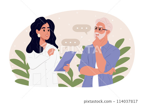 A family doctor is talking to an elderly patient. Awareness of the elderly about, Alzheimers disease, Cardiovascular diseases, Cancer, Osteoporosis, Arthritis, Parkinsons disease, Diabetes. 114037817