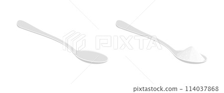 Spoon empty and full with with salt, sugar or sweetener. Teaspoon with powder isolated on white background. Cooking ingredients. Making tea or coffee concept. Vector flat illustration Spoon empty and full with with salt, sugar or sweetener. Teaspoon with powder isolated on white background. Cooking ingredients. Making tea or coffee concept. Vector flat illustration 114037868