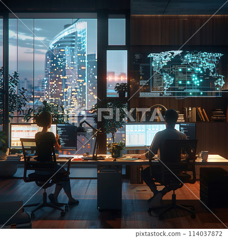 現代辦公室，男女在夜景下工作 114037872