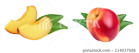 Half nectarine fruit with leaf isolated on white background cutout 114037886