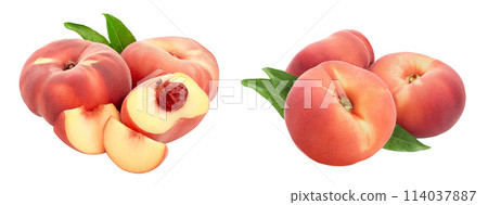 Ripe chinese flat peach fruit and half with leaf isolated on white background Ripe chinese flat peach fruit and half with leaf isolated on white background 114037887
