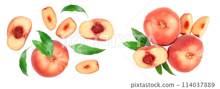 Ripe chinese flat peach fruit and half with leaf isolated on white background with copy space for your text. Top view. Flat lay 114037889