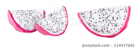slice of Ripe Dragon fruit, Pitaya or Pitahaya isolated on white background, fruit healthy concept 114037892