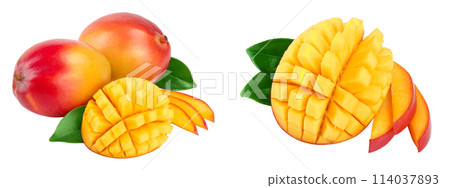 Mango fruit half with leaves and slices isolated on white background close-up 114037893