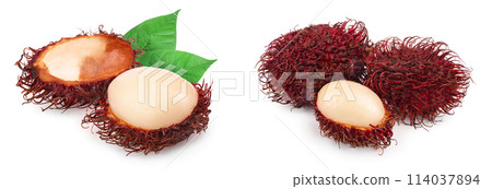 rambutan with leaves isolated on white background with copy space for your text. Tropical fruit. Nephelium lappaceum. Top view. Flat lay 114037894