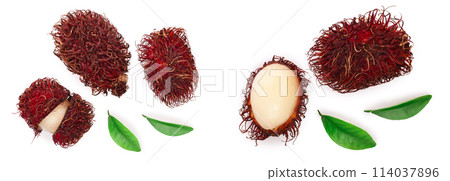rambutan with leaves isolated on white background. Tropical fruit. Nephelium lappaceum. Top view. Flat lay 114037896