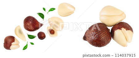 Salak snake fruit isolated on white background with full depth of field. Top view with copy space for your text. Flat lay. 114037915