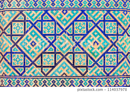 Registan mosaic pattern design background, Samarkand 114037978