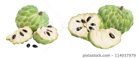 Sugar apple or custard apple isolated on white background with full depth of field. Exotic tropical Thai annona or cherimoya fruit Sugar apple or custard apple isolated on white background with full depth of field. Exotic tropical Thai annona or cherimoya fruit 114037979