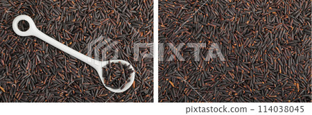 Black rice in a ceramic spoon as a background. Top view. Flat lay 114038045