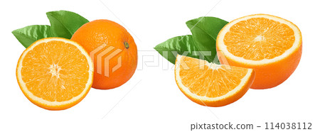 Orange fruit with half isolated on white background with full depth of field Orange fruit with half isolated on white background with full depth of field 114038112
