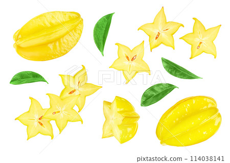 Carambola or star-fruit isolated on white background. Top view. Flat lay Carambola or star-fruit isolated on white background. Top view. Flat lay 114038141