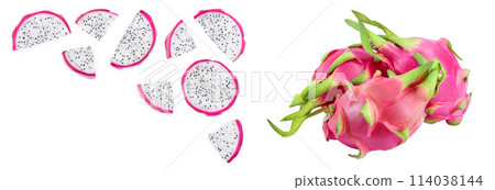 piece of Dragon fruit, Pitaya or Pitahaya isolated on white background with copy space for your text. Top view. Flat lay 114038144