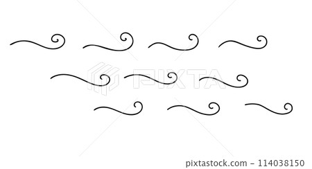 Sea waves or air flow icons. Hand drawn curled simple lines. Sea storm scribble. Vector illustration in doodle style isolated on white background. Sea waves or air flow icons. Hand drawn curled simple lines. Sea storm scribble. Vector illustration in doodle style isolated on white background. 114038150