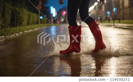 Feet of a person wearing red rubber boots, walking through rainwater and puddles in bad weather - ai generated 114038251