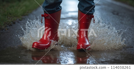 Feet of a person wearing red rubber boots, walking through rainwater and puddles in bad weather - ai generated 114038261