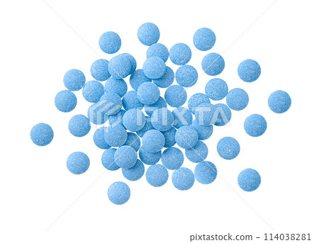 Heap of blue tablets isolated on a white background. Top view. Stock photo. 114038281