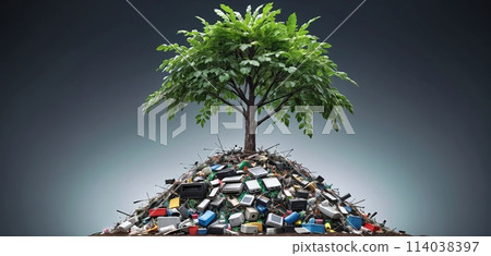 A free-standing green tree grows out of a pile of waste, garbage and old electronic devices 114038397