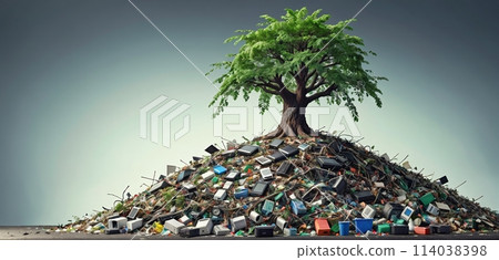 A free-standing green tree grows out of a pile of waste, garbage and old electronic devices A free-standing green tree grows out of a pile of waste, garbage and old electronic devices 114038398