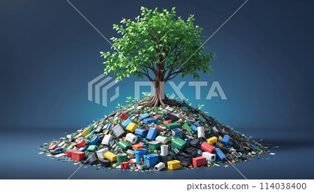 A free-standing green tree grows out of a pile of waste, garbage and old electronic devices 114038400