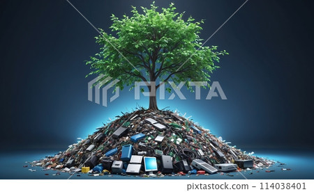 A free-standing green tree grows out of a pile of waste, garbage and old electronic devices 114038401