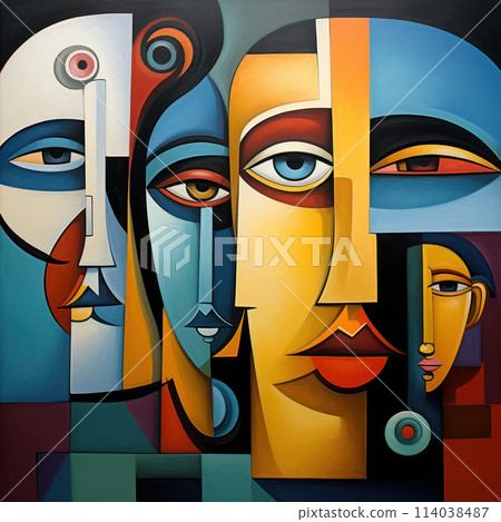 Cubist faces in colorful abstract. AI generation Cubist faces in colorful abstract. AI generation 114038487